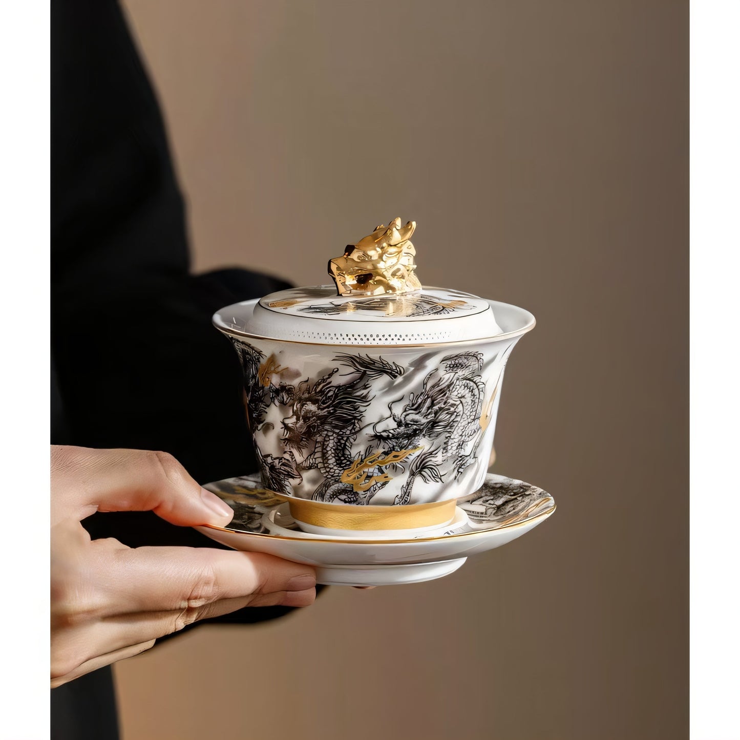 Golden Dragon on Snow-White Jade Tea Set