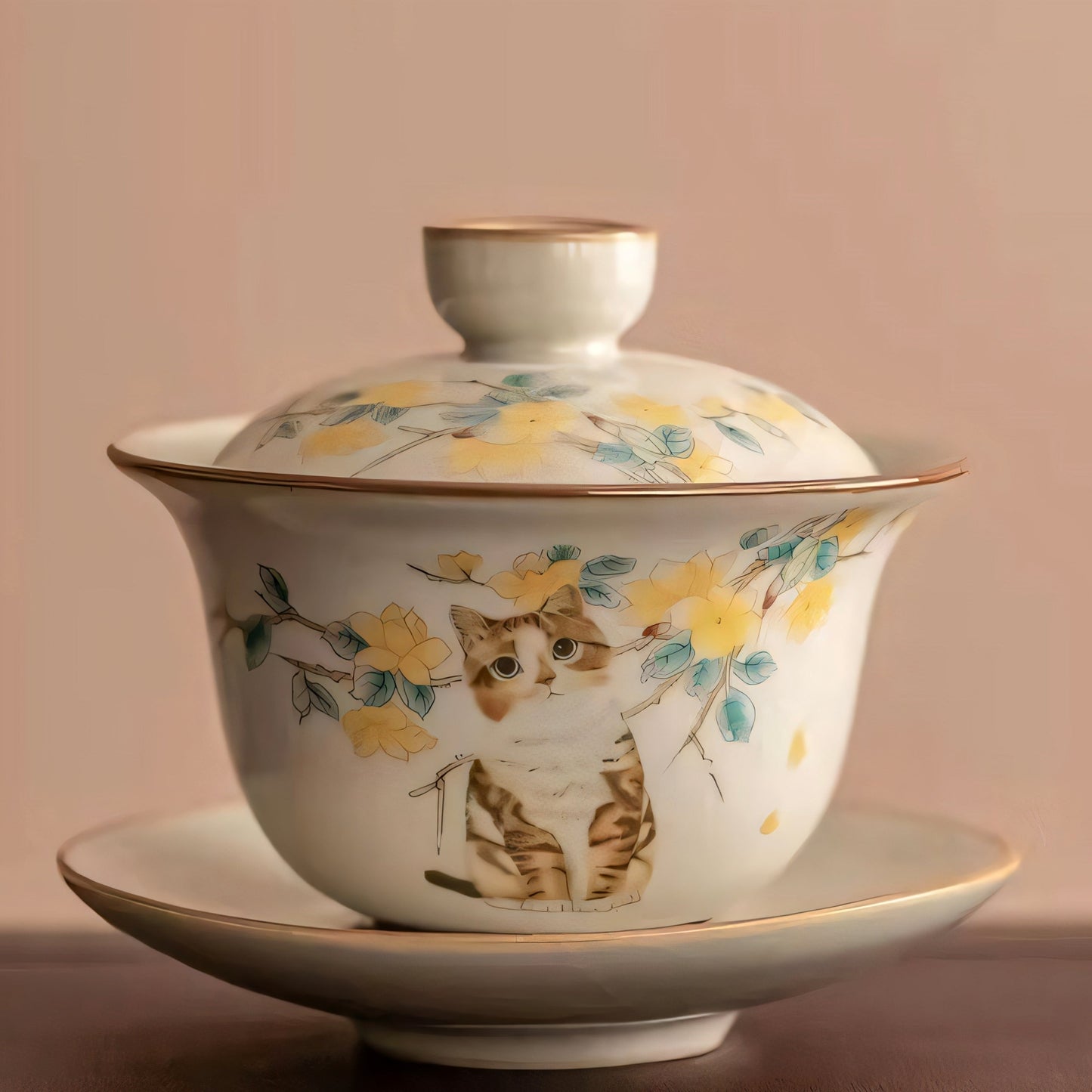 Whimsical Cat & Peach Blossom Tea Set