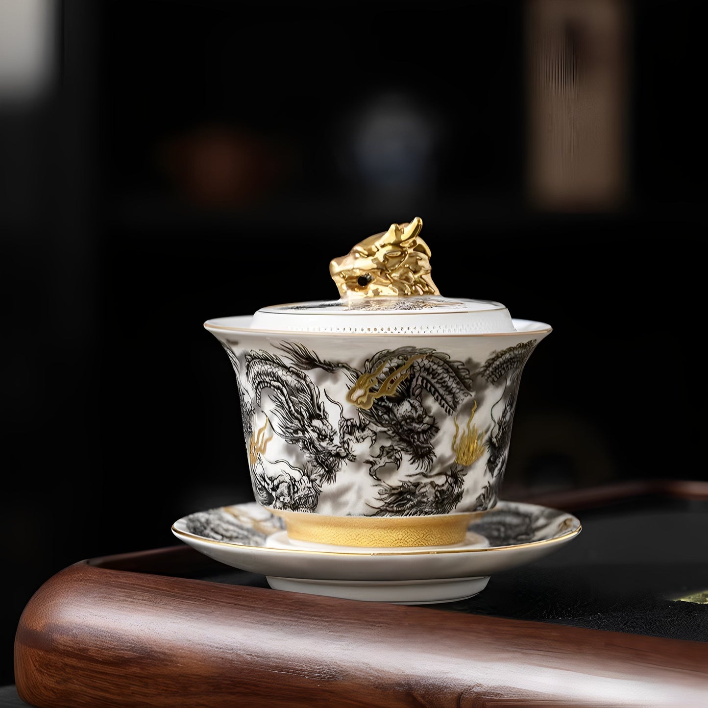 Golden Dragon on Snow-White Jade Tea Set