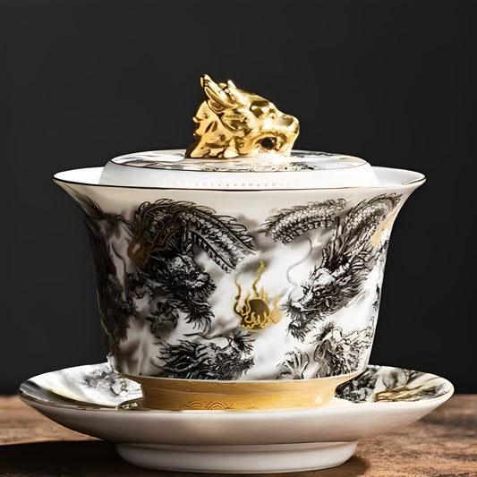 Golden Dragon on Snow-White Jade Tea Set